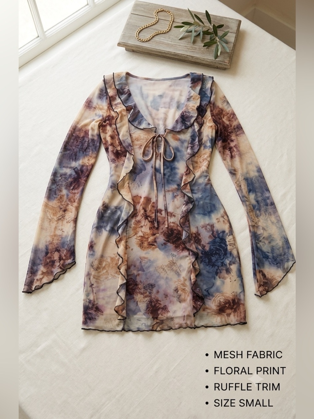 Sheer Floral Ruffle Mesh Dress - Blue & Brown Tie-Dye Print